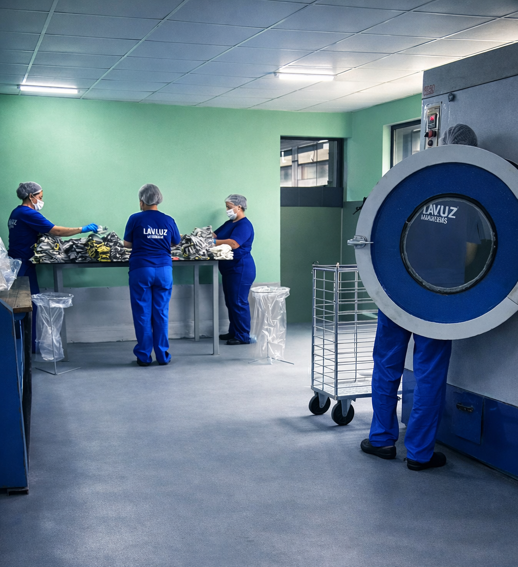 Equipe da LavLuz em operação de lavanderia industrial